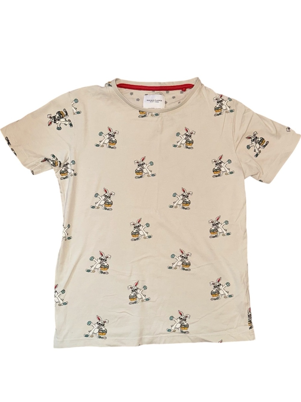 Denim & Flower Cream Bunny Print Pocket Tee